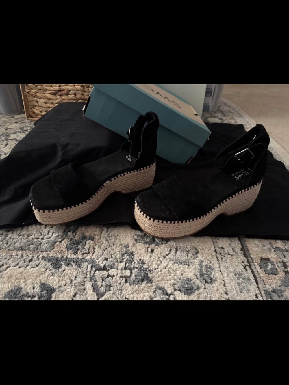 TOMS Black Suede Wedge Espadrille Sandals with Natural Jute Sole